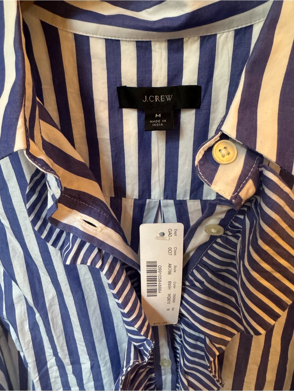 J. Crew Navy and White Striped Ruffle Front Sleeveless Blouse. Size M. NWT. - Picture 2 of 3